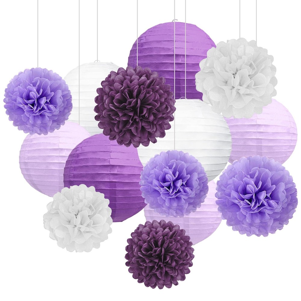 18 PCS Purple White Lanterns & Tissue Pom Poms for , Baby Shower, Wedding, Br…