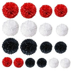 18 Pack Tissue Paper Pom Poms Flower Ball Birthday Red Black White