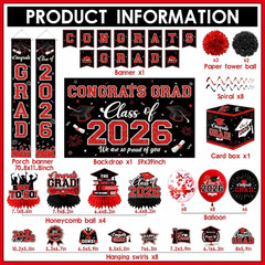 Graduation Decorations Class of 2026,Red Graduation Party Supplies- Congrats Gra