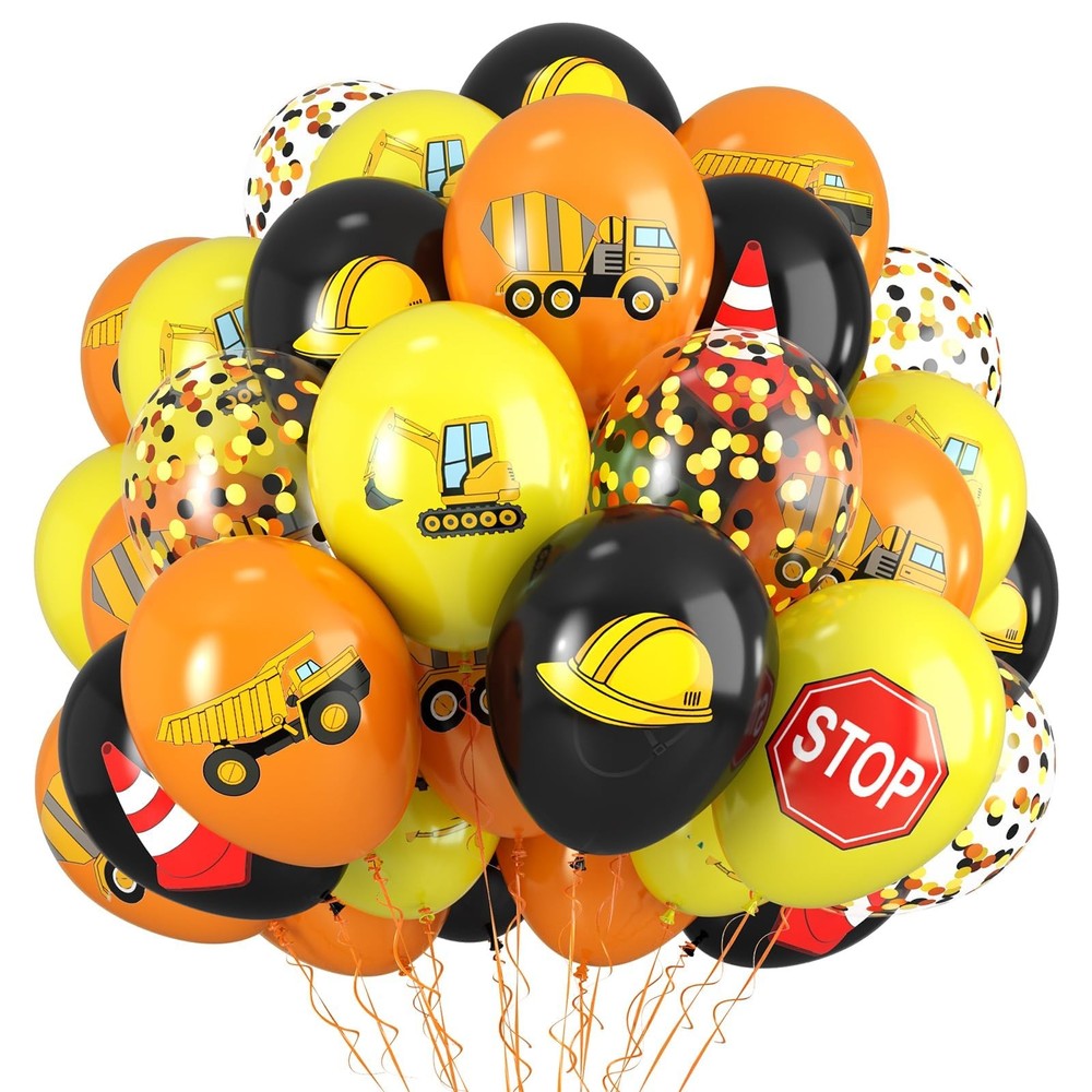 Construction Balloons, 12 Inch Black Yellow Orange Confetti Truck Constructio…