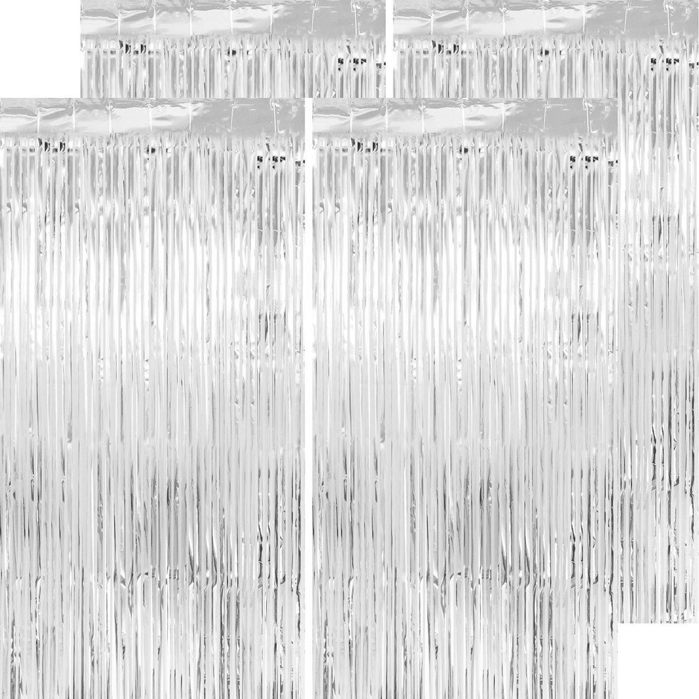 4 PCS Silver Streamers Tinsel Backdrop Curtains Foil Fringe 13.2×8.2 Ft Photo