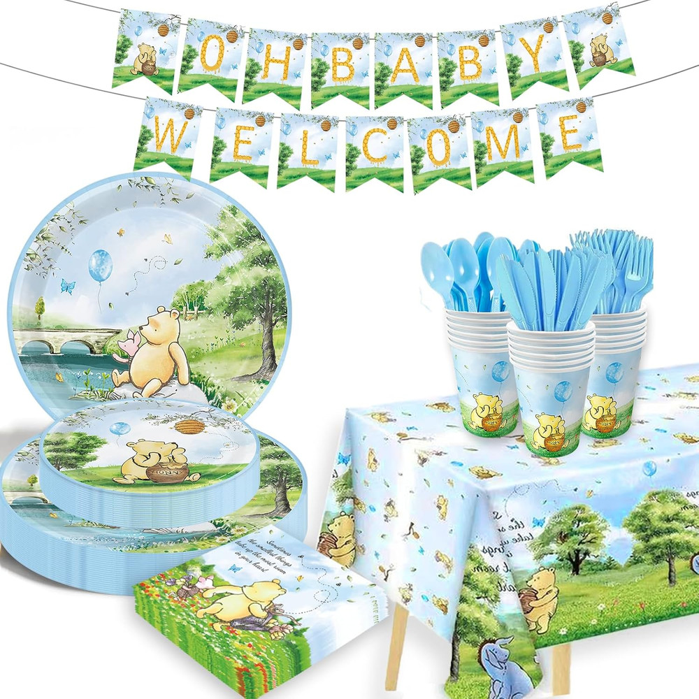 177Pcs Blue Winnie Bear Baby Shower Pooh Party Supplies Decorations Oh Baby Plat