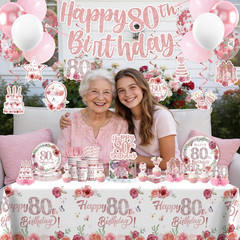 201Pcs 80Th Birthday Decorations for Women Tableware Set, Rose and Gold 80Th Bir