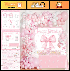 Pink Bow Birthday Decorations Set – 227 Pcs Coquette Party Supplies, Backdrop, C