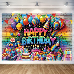 Graffiti Brick Wall Happy Birthday Backdrop Decorations Colorful Balloons Cake G