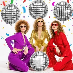 Disco Balloons 4PC,Foil Disco Balloons 22 Inch 4D Round Metallic Silver Ballo…