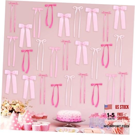 60PCS Bow Birthday Party Decorations, 3 Sizes Bow Wall Decor, Ribbon Bows Pink