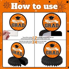 9 PCS Orange Black Congrats Grad 2026 Graduation Table Honeycomb Centerpieces