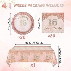 41Pcs 16th Birthday Party Decorations for Girls Rose Gold Birthday Supplies I…