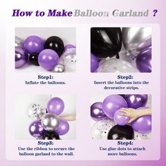 125pcs Purple and Black Balloon Garland Arch Kit, Sliver Confetti Metallic Pu…