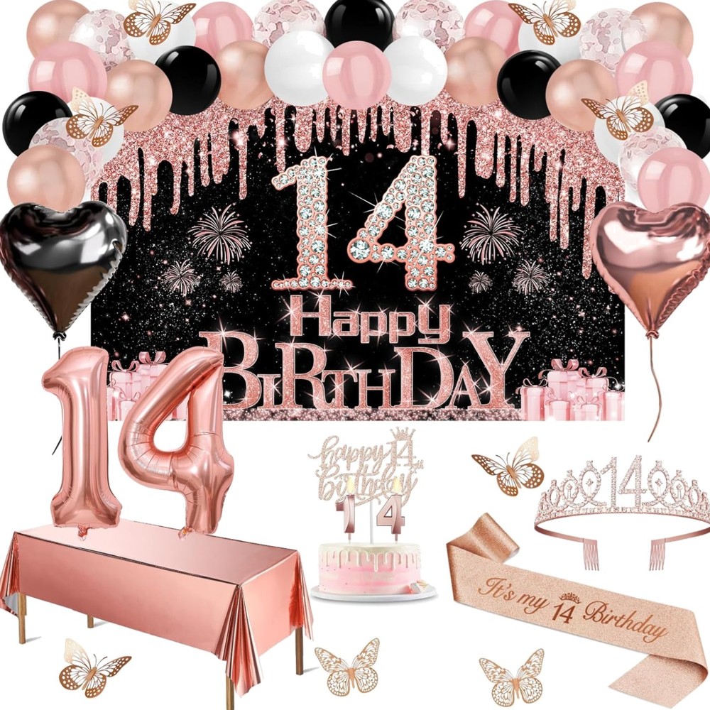 14th Birthday Decorations for Girls, 49pcs Black Rose Gold Black Banner, Tabl…