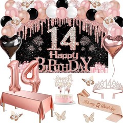 14th Birthday Decorations for Girls, 49pcs Black Rose Gold Black Banner, Tabl…