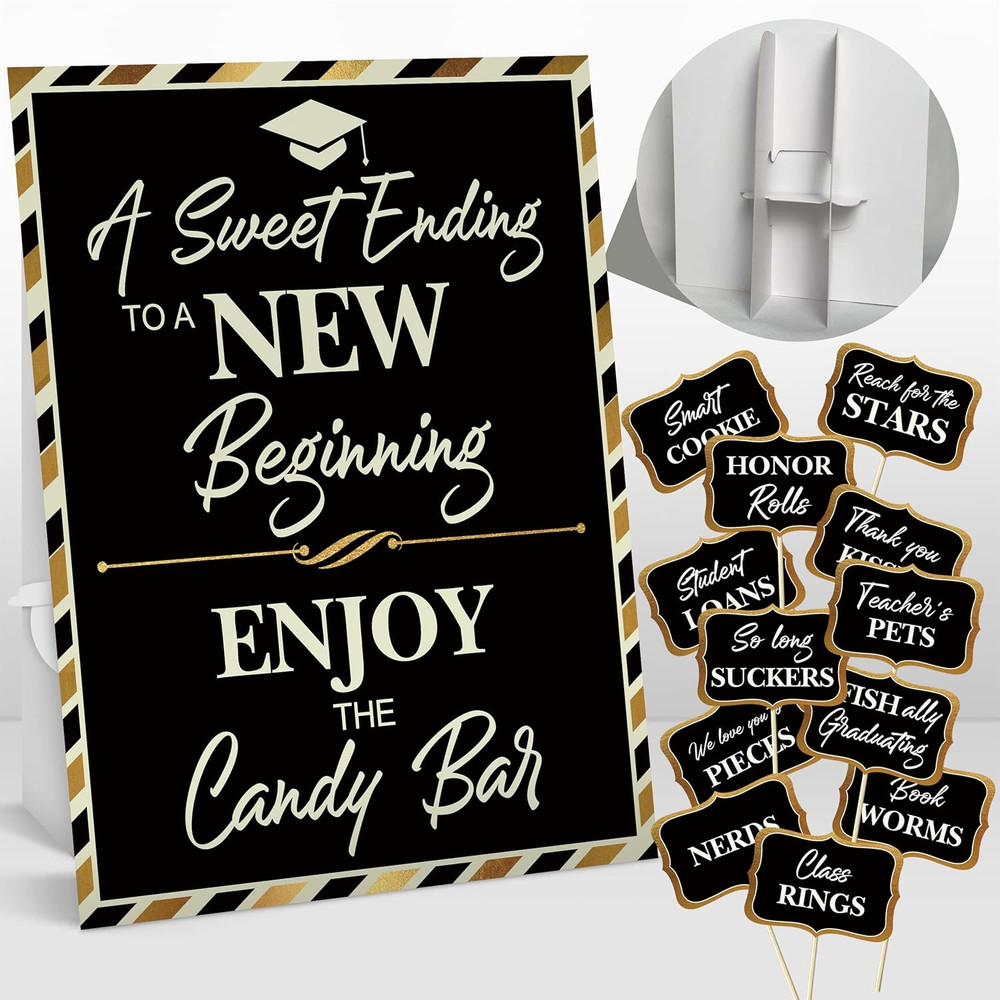Graduation Candy Buffet Signs Decorations, Black Gold Grad Party Candy Bar Signs