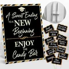 Graduation Candy Buffet Signs Decorations, Black Gold Grad Party Candy Bar Signs