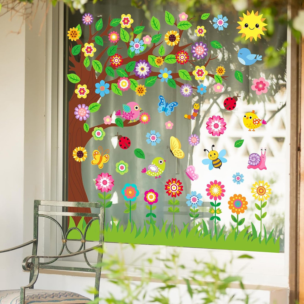Spring Window Clings Large Cute Flower Floral Tree Garden Butterfly Bird Reus…