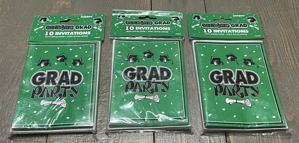 Graduation Invites Pack of 10, 3 Count (30 In Total) Green & Black, W/envelopes