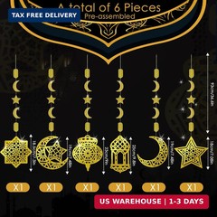 AhfuLife Eid Mubarak Hanging Decorations for Home, 6 Pcs Pre-Tied Hanging Golden