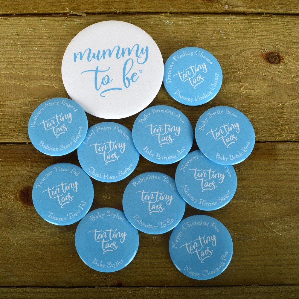 BABY SHOWER BADGES – TEN TINY TOES Boys Blue Baby Shower | Baby Shower Badges