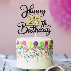 1 PC 25th Birthday Cake Topper Black Gold Glitter Heart Pattern Decoration