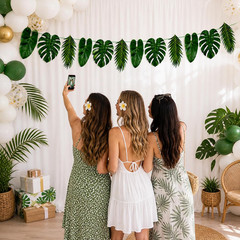 Tropical Leaf Garland Banner Decorations, Pre-Strung Cardboard Monstera Palm Lea