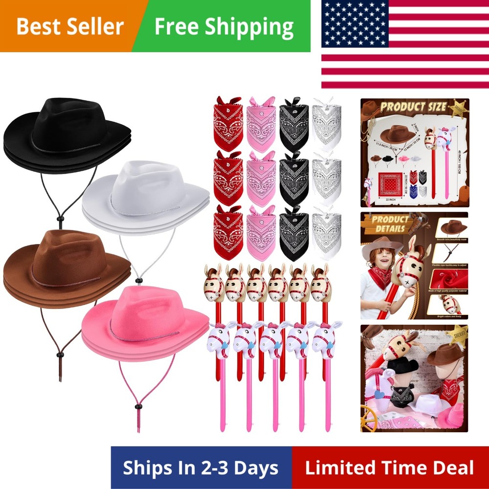 36 Pcs Cowboy Party Costume Set, Cowboy Hats Paisley Bandanas Inflatable Stic…