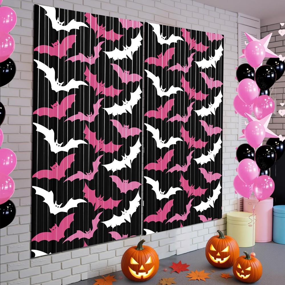 2 Pack Pink Bat Halloween Metallic Foil Fringe Curtain Backdrop 3.3×6.6 Ft