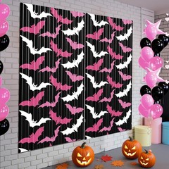 2 Pack Pink Bat Halloween Metallic Foil Fringe Curtain Backdrop 3.3×6.6 Ft