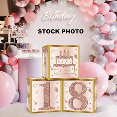 TONIFUL 4 Pc 18th Birthday Theme Balloon Boxes Decorations Pink Rose Gold new