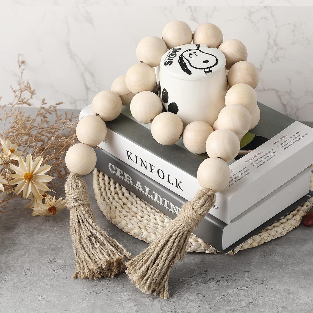 Farmhouse Decor Large Wood Bead Garland 50inch long with 1.6″ Diameter beads,