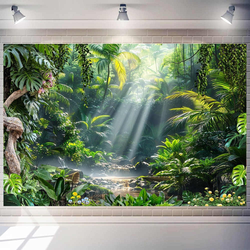 Large Jungle Party Backdrop – Green Nature Scene Tapestry for Safari Decor, 20×1