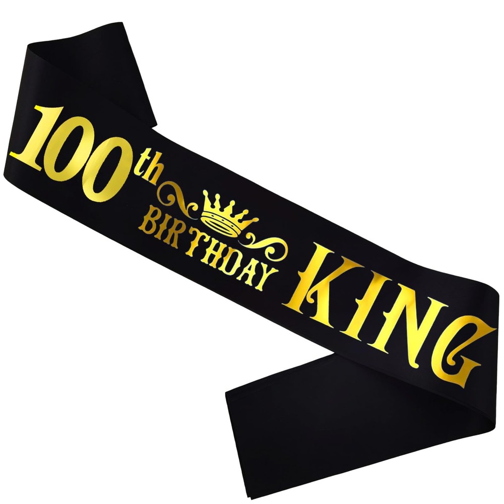 100th Birthday King Sash Men Funny Party Supplies Black Gold Crown Decor