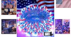 Plug-in 4th of July 100-LED String Lights, 33ft Red White Blue Indoor/Outdoor