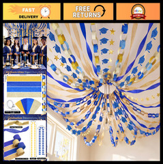 2026 Graduation Decorations – Blue & Gold Party Set, Cap Banner, Star Garland, S
