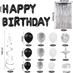 92PCS Black Silver Birthday Decorations Balloons Set for Men Women Party