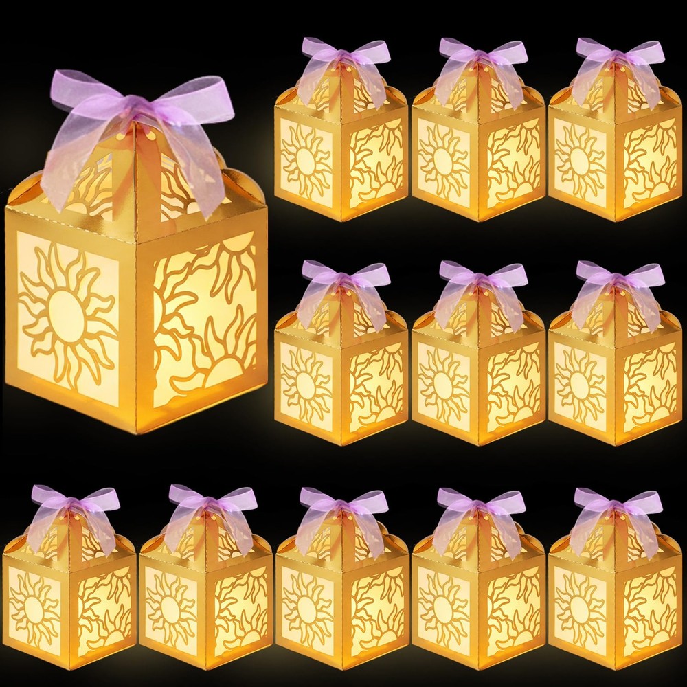 Gold Sun Lanterns Centerpieces Birthday Paper Boxes Ribbon Cutout Decor 15 PCS