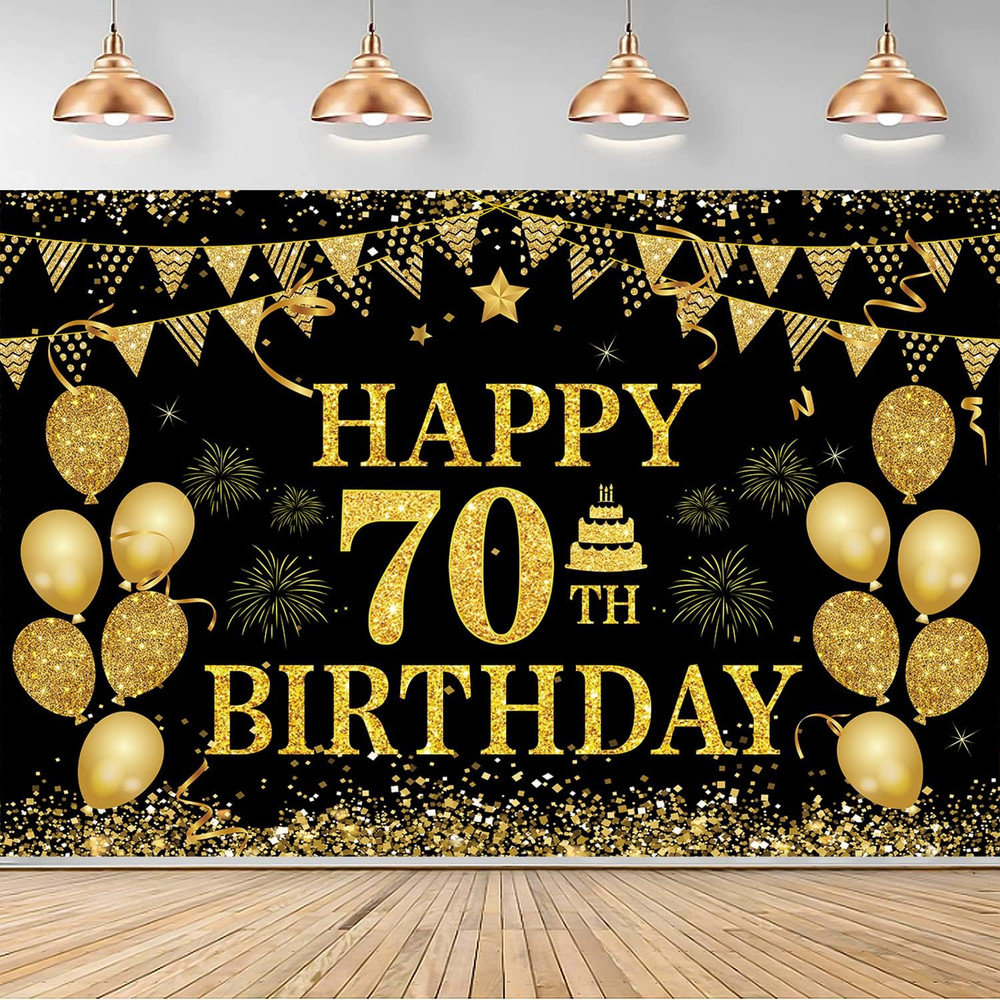 70th Birthday Decorations Happy 70th Birthday Banner for Men Women Black Gold 70