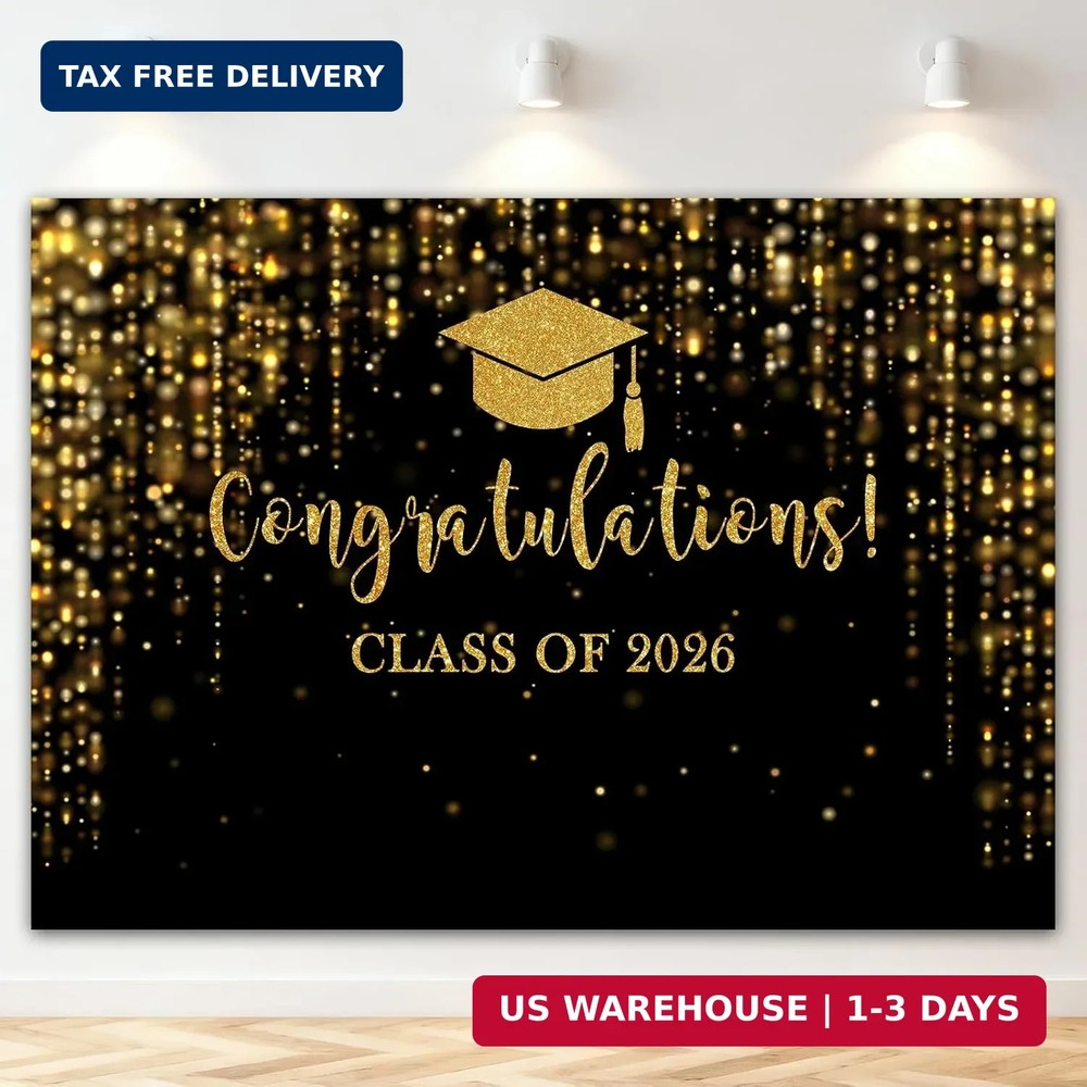 Class of 2026 Graduation Backdrop Black Gold Glitter 7x5ft Photo Booth