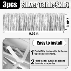 3 Pack 29×108 Inch Silver Foil Fringe Table Skirts Metallic Banner for Tinsel