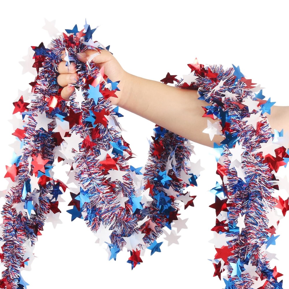 50 FT 4th of July Garland Decorations – Patriotic Tinsel Garland with Stars, …