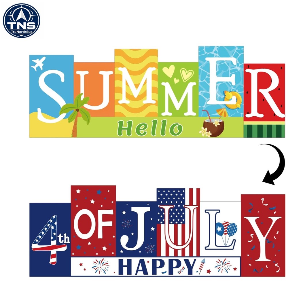 Wood 4th of July Decorations Reversible Patriotic and Summer Sign Indoor Tabl…