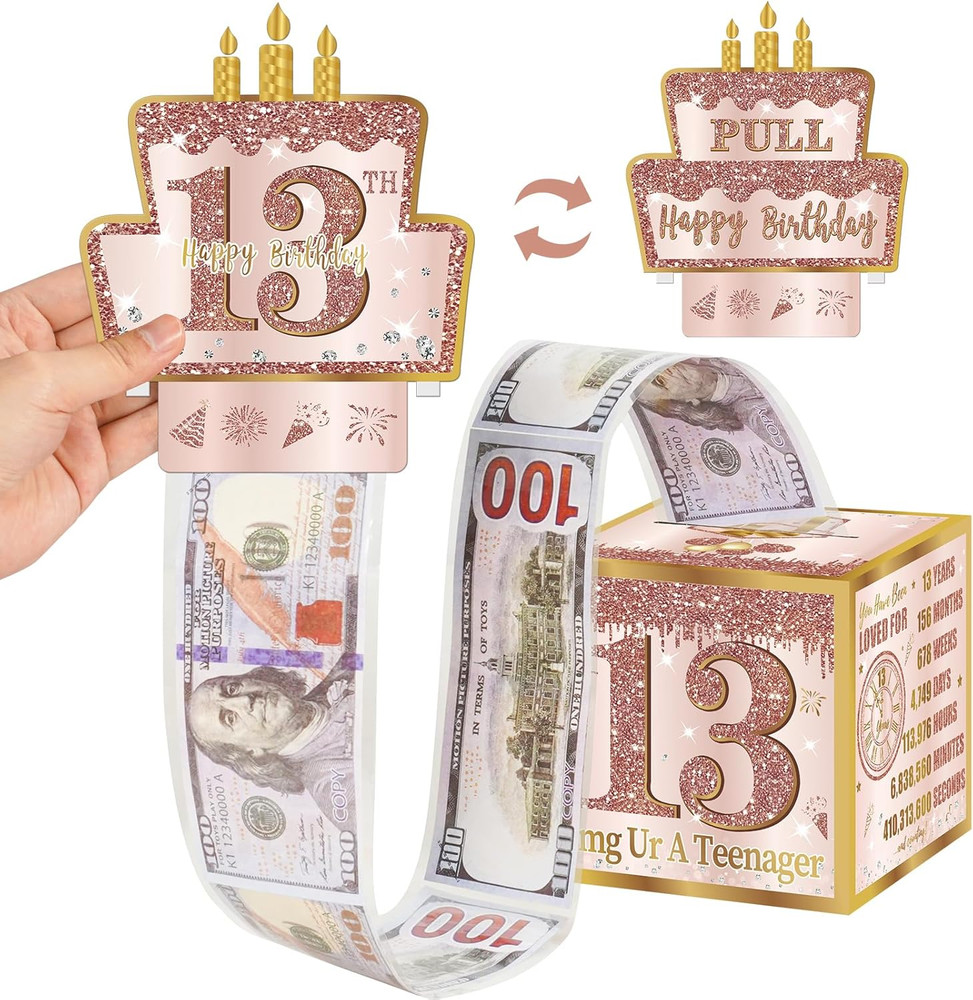 13Th Birthday Pull-Out Money Gift Box for Girls – Pink Rose Gold Happy Sweet 13T