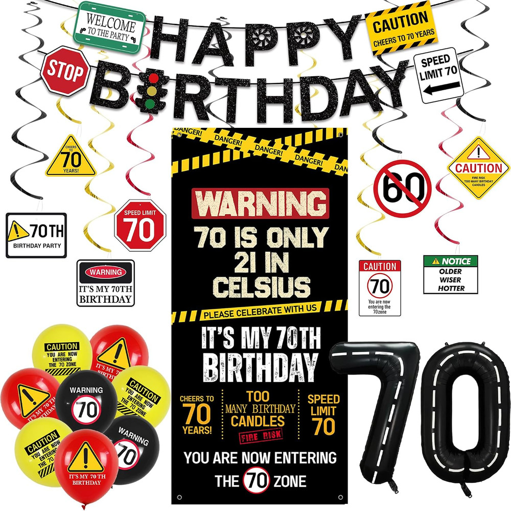 70Th Birthday Decorations Men Women, Caution Logo 70 Is Only 21 in Celsius Banne
