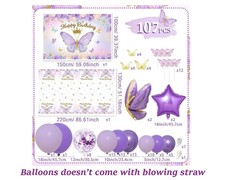 107 Pcs Purple Butterfly Birthday Decoration Set Indoor Outdoor Party