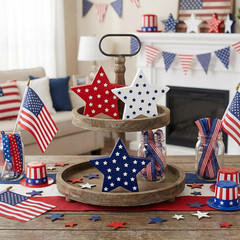 3 Pcs Red White Blue Wooden Star Signs 4Th of July Table Decor for Independence