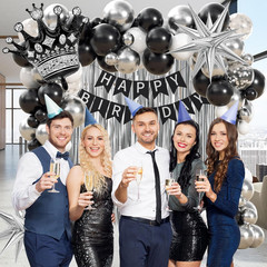 Black Birthday Decorations for Men with White Black and Silver Balloons Banner M