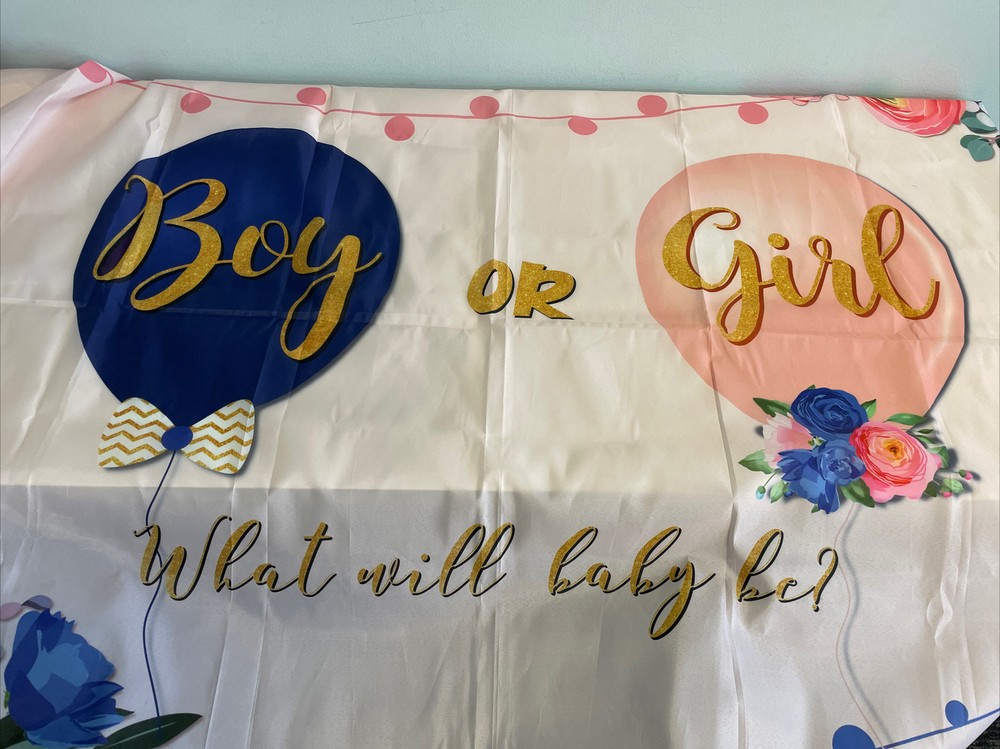 What will Baby Be Gender Reveal Fabric Backdrop Grommets NEW 70×43 inches