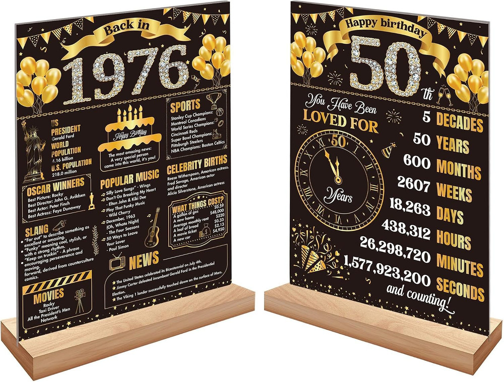 Black Gold 50Th Birthday Decorations for Men Women Vintage Wooden Two-Sided Back