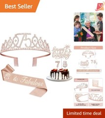 75th Birthday Decorations Set Rose Gold Sash Tiara Candles Cake Topper Supplies