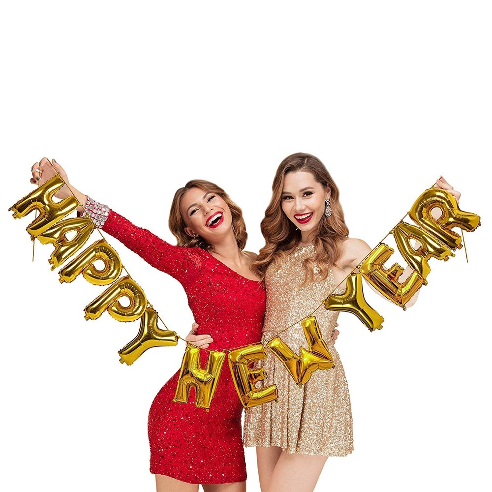 16 Inch Gold Happy New Year Foil Letter Balloons Banner 2026 NYE Party Decors