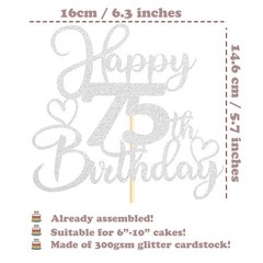 1 PCS 75th Birthday Cake Topper DoubleSided Silver Glitter Heart Decor Party